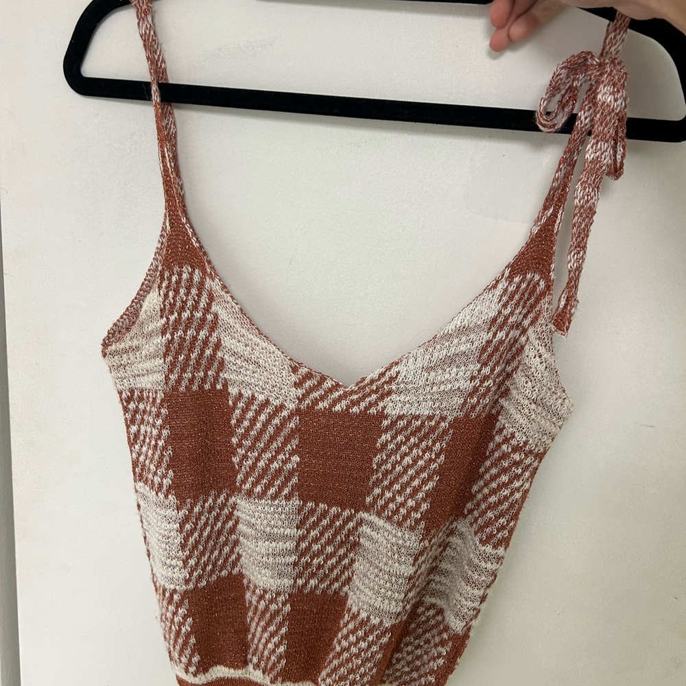 Anthro Sita murt plaid pink and white sweater tank